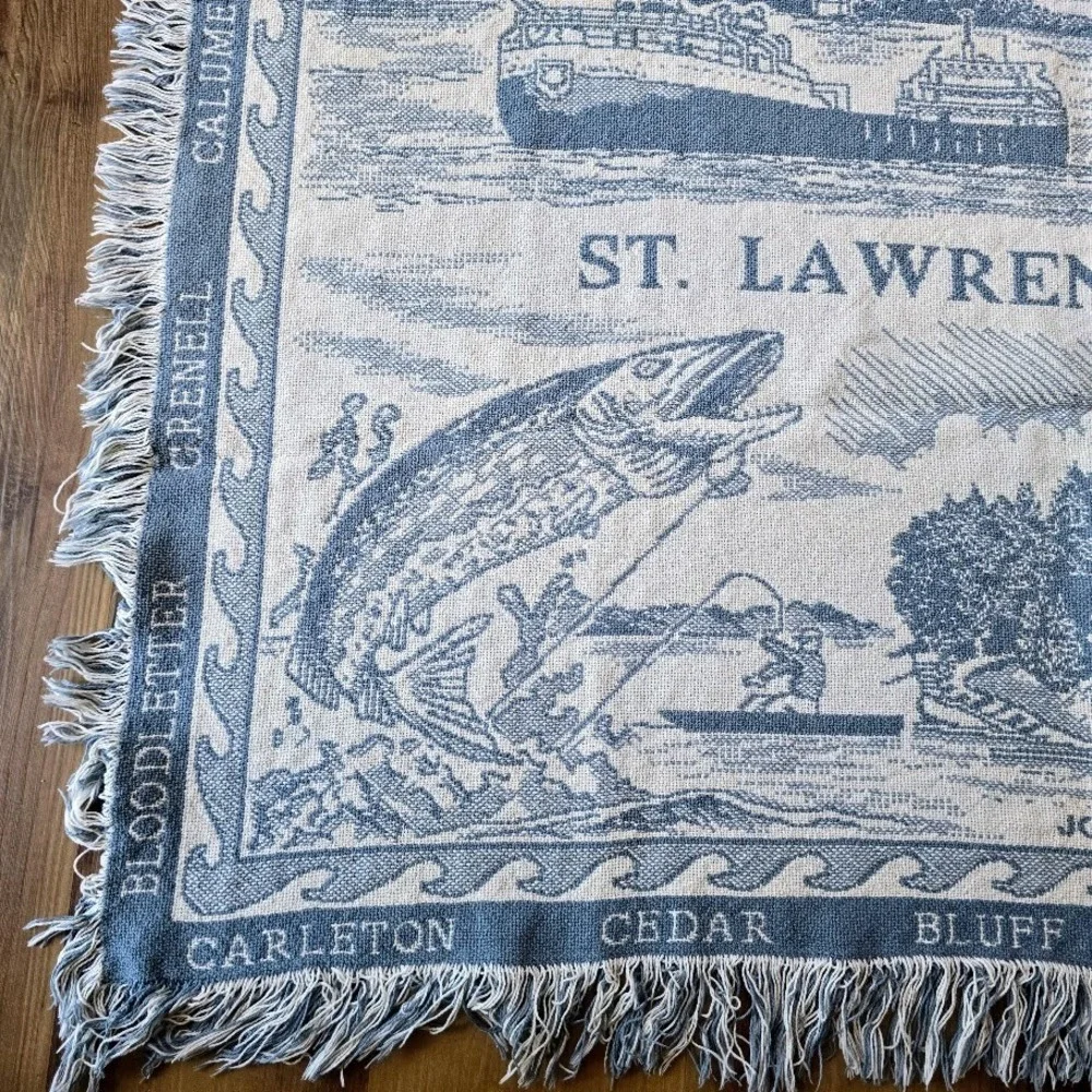 Vintage 1994‎ Blue 1000 Islands Woven Tapestry Throw Blanket St. Lawrence River